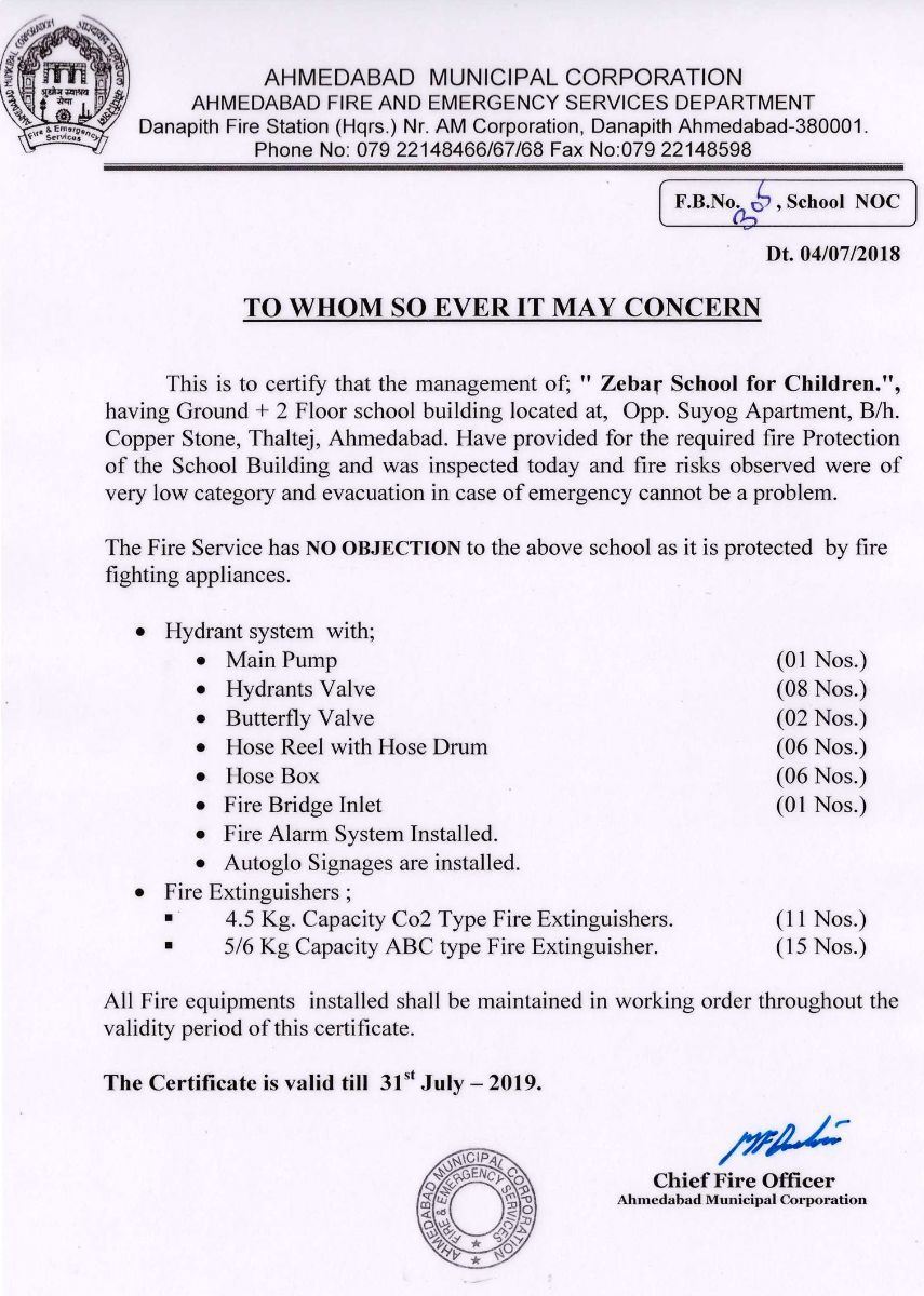 Fire Safety Certificate for School Zebar School